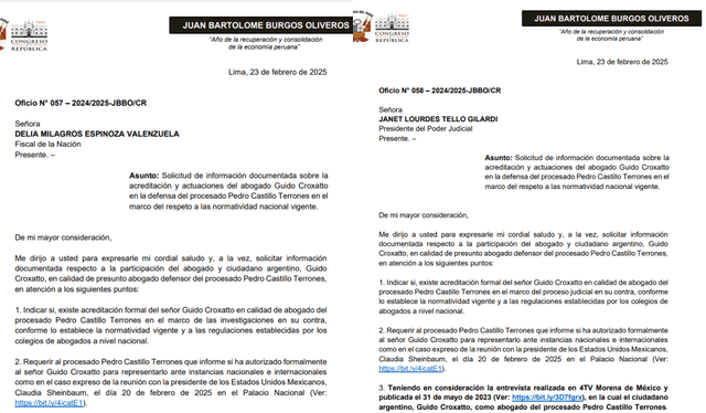 Oficios presentados por Juan Burgos a la fiscal de la Nación y a la presidenta del Poder Judicial. Oficios presentados por Juan Burgos a la fiscal de la Nación y a la presidenta del Poder Judicial.