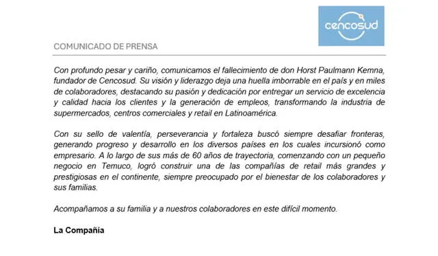  Cencosud comunicó el fallecimiento de Horst Paulmann, fundador de la empresa chilena de retail. Foto: Cencosud<br> 