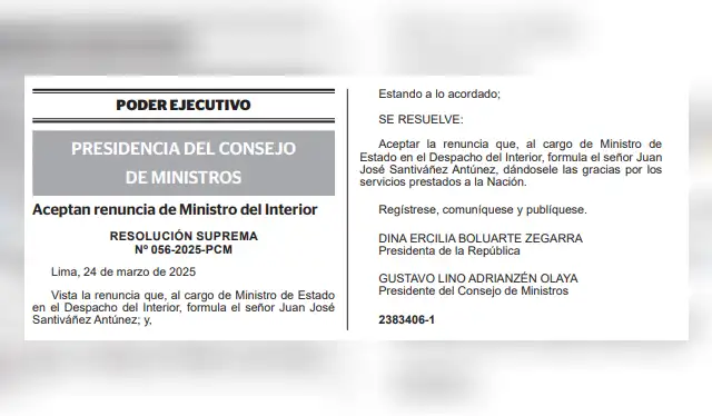  Se oficializó la renuncia de Juan José Santiváñez al cargo de ministro del Interior. 