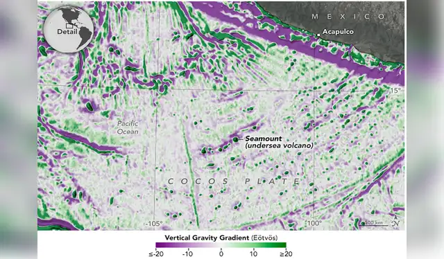 Vista detallada del océano Pacífico con información gravitacional que indica la ubicación de depresiones (morado) y elevaciones (verde) en el fondo marino. Numerosos montes submarinos aparecen como imagen. Foto: NASA Vista detallada del océano Pacífico con información gravitacional que indica la ubicación de depresiones (morado) y elevaciones (verde) en el fondo marino. Numerosos montes submarinos aparecen como imagen. Foto: NASA
