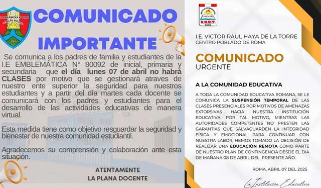 Instituciones educativas emitieron comunicados suspendiendo labores. Instituciones educativas emitieron comunicados suspendiendo labores.