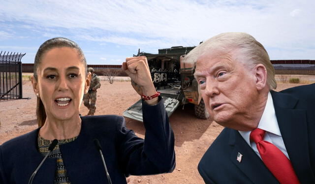  Claudia Sheinbaum acusa a Estados Unidos de crear tensiones militares en el muro fronterizo por la base militar contra inmigrantes. Foto: Composición LR/AFP   