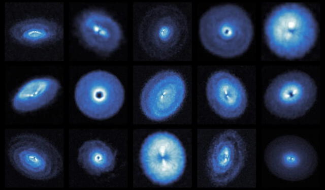  Las observaciones de ALMA sobre15 discos protoplanetarios revelan una asombrosa variedad de estructuras gaseosas. Foto: ALMA   