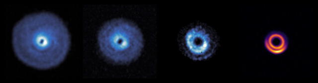  Vistas diferentes del disco protoplanetario que rodea a la joven estrella HD 135344B revelan estructuras arremolinadas, similares a vórtices. Foto: ALMA   
