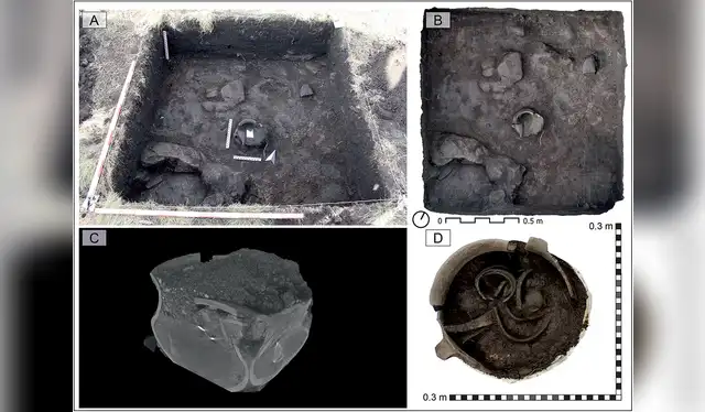 Un tesoro de materiales metálicos, algunos contenidos en una vasija de cerámica hallada en Somló. Foto: Antiquity   