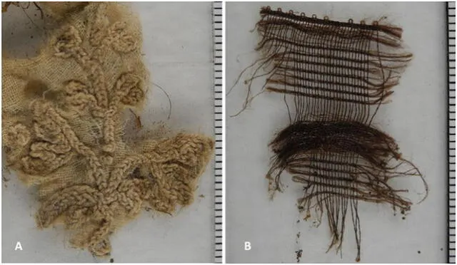  Tela encontrada dentro del cuerpo momificado, incluyendo un trozo de algodón y un fragmento de tela de seda. Foto: Andreas Nerlich   