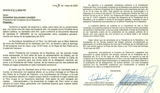 Solicitud de Dina Boluarte al Congreso para viajar del 16 al 19 de mayo al Vaticano. Solicitud de Dina Boluarte al Congreso para viajar del 16 al 19 de mayo al Vaticano.