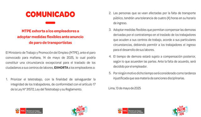 Comunicado del MTPE ante paro nacional de transportistas. Foto: MTPE Comunicado del MTPE ante paro nacional de transportistas. Foto: MTPE