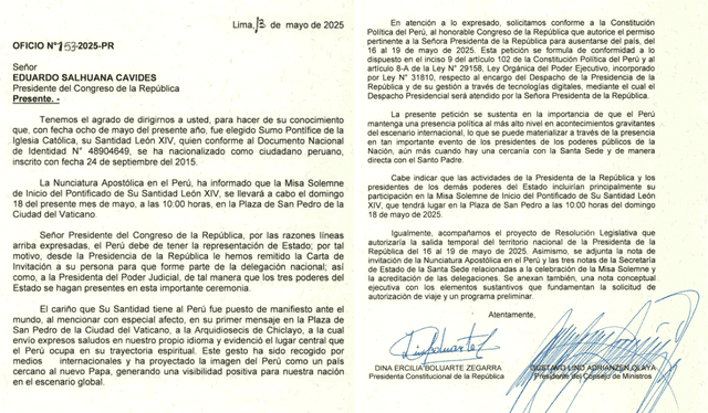 Solicitud de Dina Boluarte al Congreso para viajar del 16 al 19 de mayo al Vaticano. Solicitud de Dina Boluarte al Congreso para viajar del 16 al 19 de mayo al Vaticano.