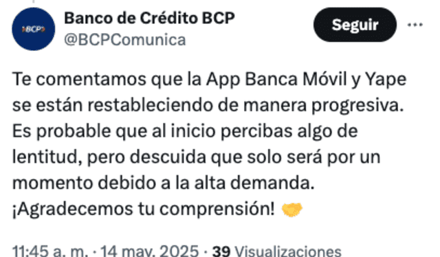 BCP responde a usuario tras caída de su servicio HOY, 14 de mayo. Foto: Captura BCP responde a usuario tras caída de su servicio HOY, 14 de mayo. Foto: Captura