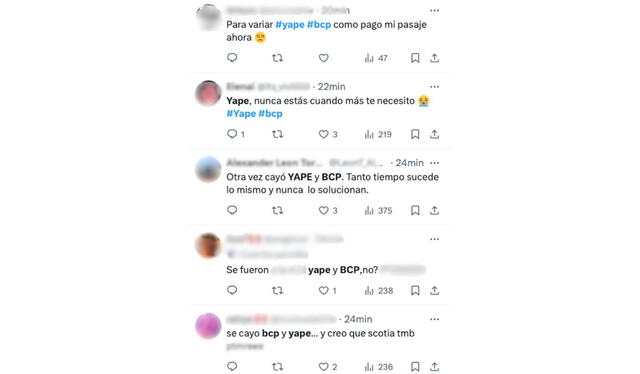 Quejas de usuarios en redes sociales sobre la caída de BCP y Yape. Foto: X Quejas de usuarios en redes sociales sobre la caída de BCP y Yape. Foto: X