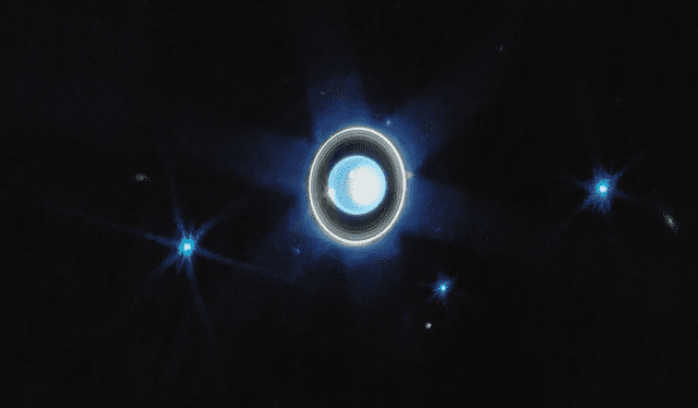 Urano, sus anillos y algunas de sus lunas vistos por el JWST. Foto: NASA, ESA, CSA, STScI, Joseph DePasqual Urano, sus anillos y algunas de sus lunas vistos por el JWST. Foto: NASA, ESA, CSA, STScI, Joseph DePasqual