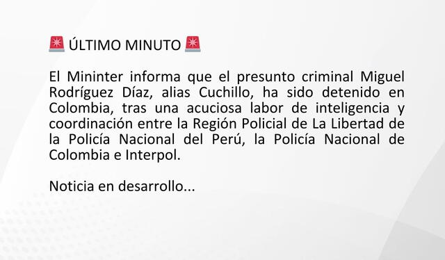 Comunicado del Ministerio del Interior. Foto: Mininter Comunicado del Ministerio del Interior. Foto: Mininter