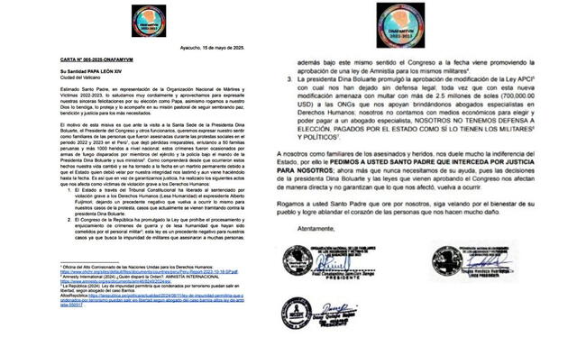  Carta enviada al papa León XIV desde la Organización Nacional de Mártires y Víctimas 2022-2023. 
