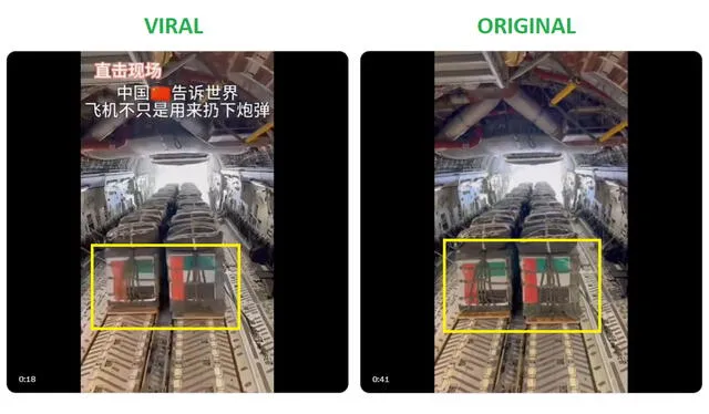 <em>Comparación entre el video viral y la versión original del mismo. En amarillo, la bandera de Emiratos Árabes Unidos. Foto: captura de X</em>   