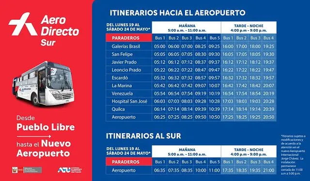 Horarios del nuevo bus AeroDirecto. Foto: ATU Horarios del nuevo bus AeroDirecto. Foto: ATU