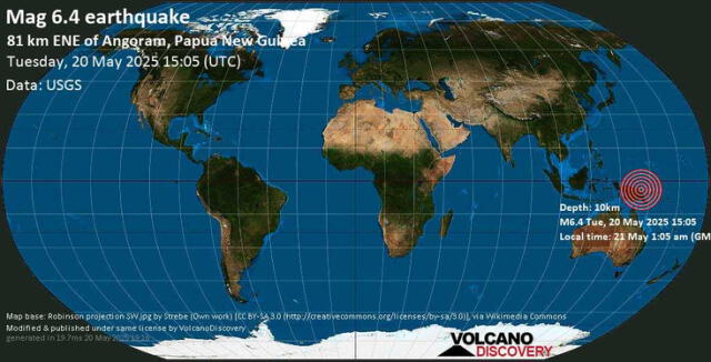 El sismo de magnitud 6.4 ocurrió en el Mar de Bismarck, cerca de la Isla Volcano. Foto: Volcano Discovery. El sismo de magnitud 6.4 ocurrió en el Mar de Bismarck, cerca de la Isla Volcano. Foto: Volcano Discovery.
