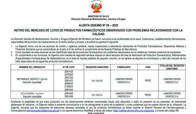  Comunicado Digemid. Foto: Digemid   