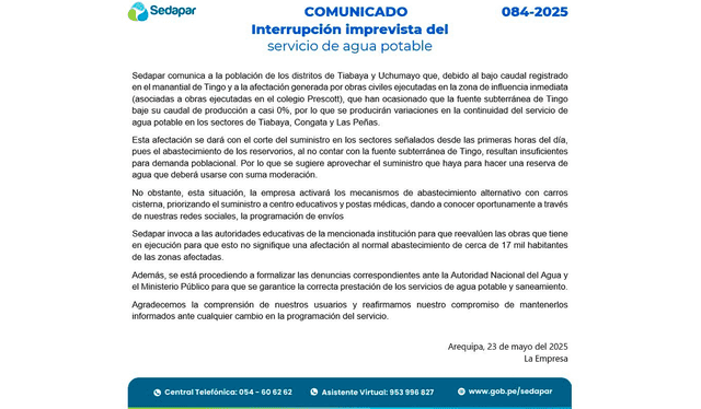 Sedapar alertó de la situación el último viernes 23 de mayo. Créditos: difusión.<br><br> Sedapar alertó de la situación el último viernes 23 de mayo. Créditos: difusión.<br><br>