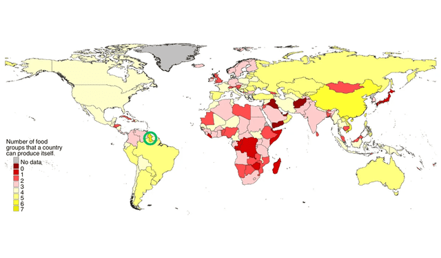 Guyana, rodeada en verde, fue el único país que, según este estudio, produce suficientes alimentos para alimentar a su población. Foto: Nature Food Guyana, rodeada en verde, fue el único país que, según este estudio, produce suficientes alimentos para alimentar a su población. Foto: Nature Food