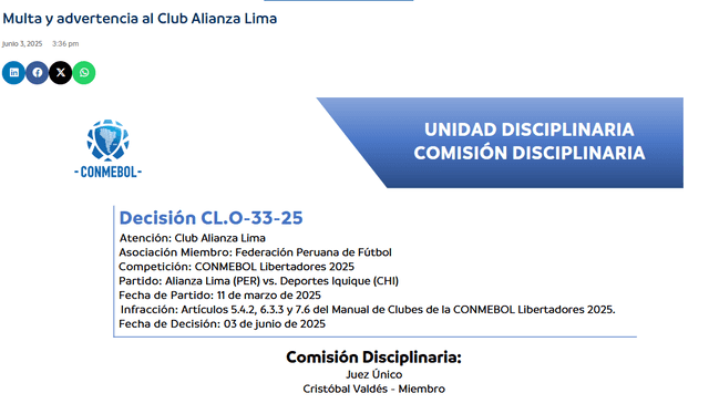 Esto dijo la página oficial de la Conmebol Foto: Captura   