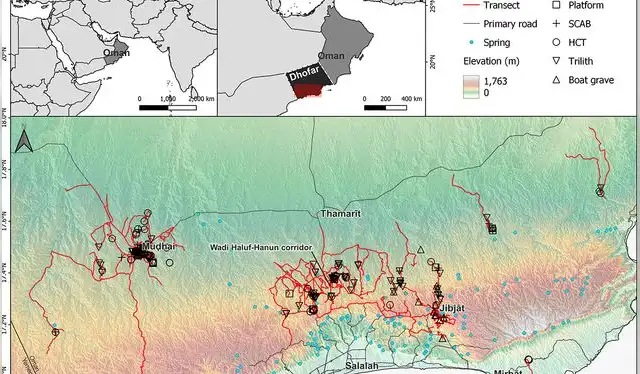 Fig. 3. Ubicación de monumentos, transectos de estudio, caminos principales y manantiales en Dhofar. Foto: PLOS Onehofar. Foto: Plos one<br>   