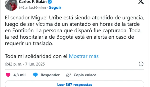 Carlos Galán confirmó la detención del atacante de Miguel Uribe. Foto: Red social X Carlos Galán confirmó la detención del atacante de Miguel Uribe. Foto: Red social X