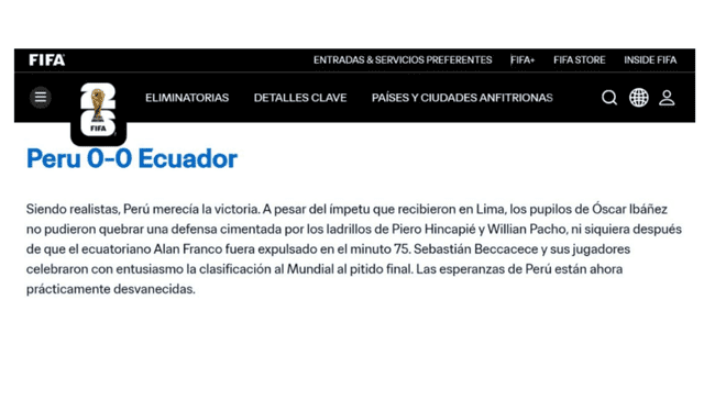  La FIFA se pronuncia sobre el empate entre Perú y Ecuador: Foto: FIFA<br><br>    