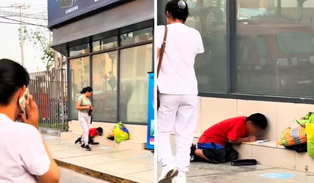  Peatones que caminaban por el lugar se quedaban admirados por el ahínco del niño para hacer su tarea. Foto: composición LR/ TikTok/ @chinchademisamores   