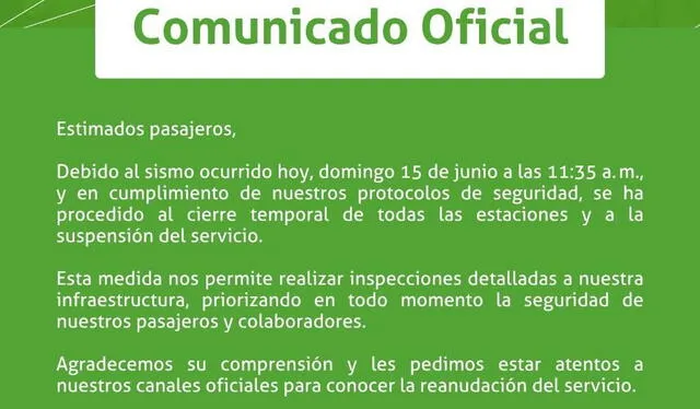 Comunicado de la Línea 1 del Metro de Lima Comunicado de la Línea 1 del Metro de Lima