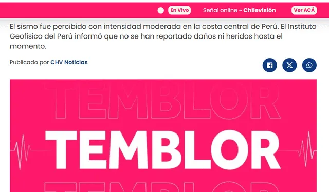 Se emitió una alerta tras el sismo en Lima, Perú. Foto: Chilevisión Se emitió una alerta tras el sismo en Lima, Perú. Foto: Chilevisión