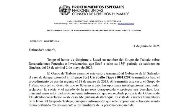 Carta del Grupo de Trabajo de Desapariciones Forzadas o Involuntarias del Consejo de Derechos Humanos de la ONU. Carta del Grupo de Trabajo de Desapariciones Forzadas o Involuntarias del Consejo de Derechos Humanos de la ONU.