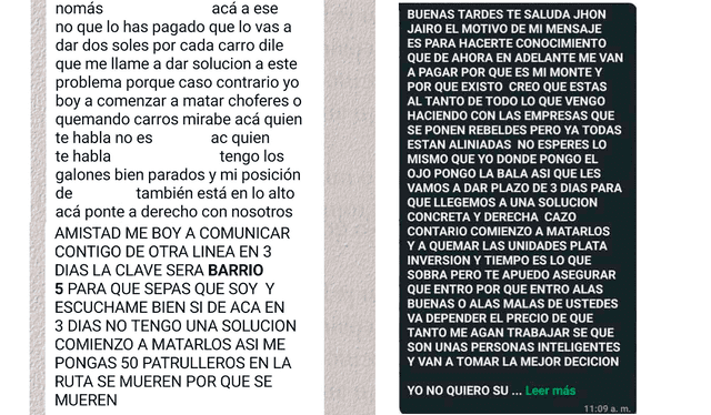Mensajes extorsivos comenzaron desde el pasado 9 de junio. Créditos: La República.<br><br> Mensajes extorsivos comenzaron desde el pasado 9 de junio. Créditos: La República.<br><br>