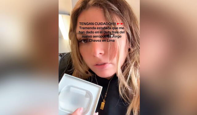 La joven mostró su indignación al encontrar la caja vacía de sus audífonos comprados en una tienda del aeropuerto Jorge Chávez. Foto: composición LR/ TikTok/ @blondiegirlaa La joven mostró su indignación al encontrar la caja vacía de sus audífonos comprados en una tienda del aeropuerto Jorge Chávez. Foto: composición LR/ TikTok/ @blondiegirlaa