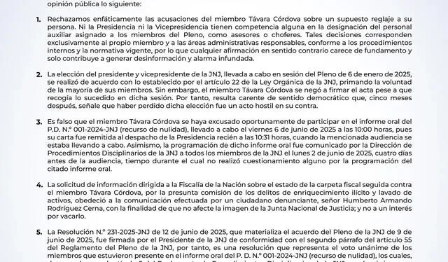 Comunicado de la Junta Nacional de Justicia. Foto: difusión Comunicado de la Junta Nacional de Justicia. Foto: difusión
