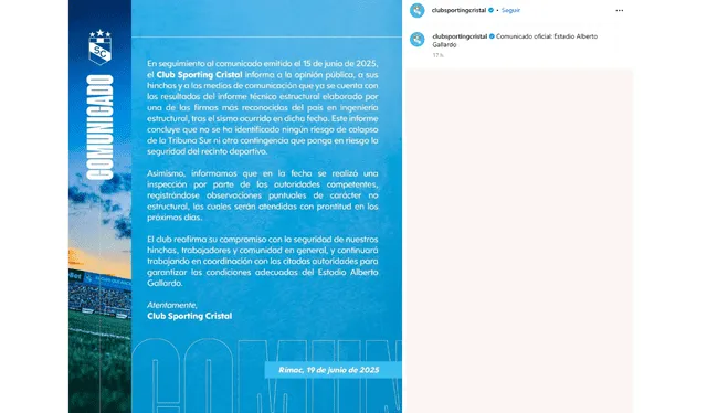 Sporting Cristal anunció que no hay daños. Foto: clubsportingcristal/ Instagram<br><br> Sporting Cristal anunció que no hay daños. Foto: clubsportingcristal/ Instagram<br><br>