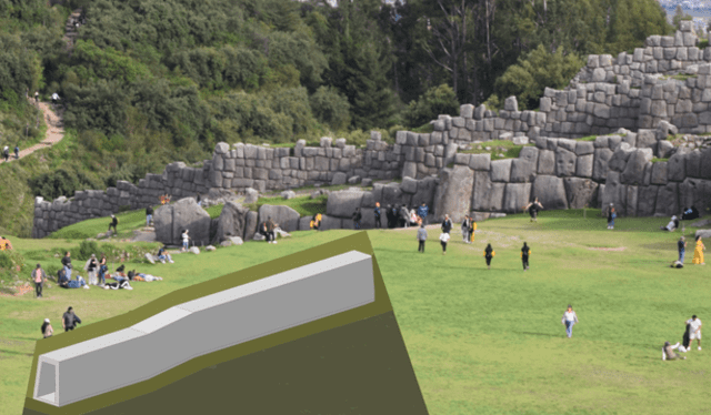 Estructura trapezoidal en la explanada de Sacsayhuaman, según datos obtenidos a través del georradar. Foto: Lima Gris Estructura trapezoidal en la explanada de Sacsayhuaman, según datos obtenidos a través del georradar. Foto: Lima Gris