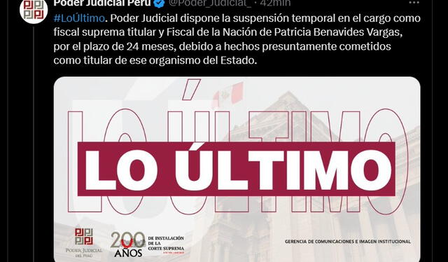 El Poder Judicial informó de la suspensión de Benavides en sus redes sociales El Poder Judicial informó de la suspensión de Benavides en sus redes sociales