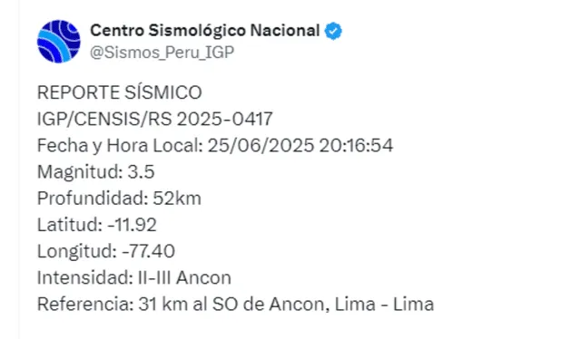  Sismo en Lima, según IGP. Foto: IGP    