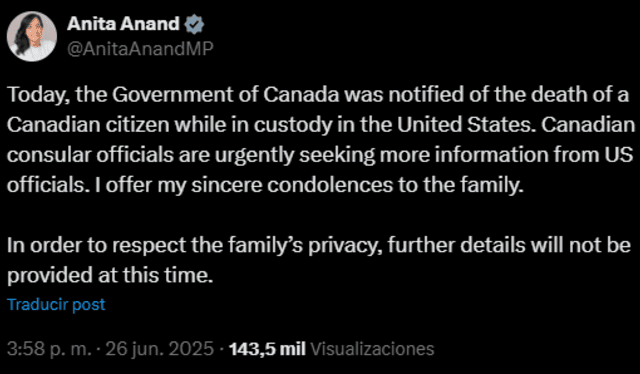 Canadá pide explicaciones a Estados Unidos sobre fallecimiento de Johnny Noviello. Fuente: captura de X/ @AnitaAnandMP Canadá pide explicaciones a Estados Unidos sobre fallecimiento de Johnny Noviello. Fuente: captura de X/ @AnitaAnandMP