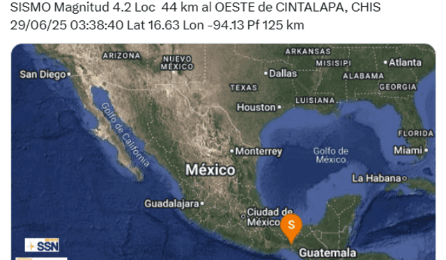 Último sismo registrado hoy, 29 de junio, en México por el SSN Foto: captura de X/ @SismológicoMX Último sismo registrado hoy, 29 de junio, en México por el SSN Foto: captura de X/ @SismológicoMX