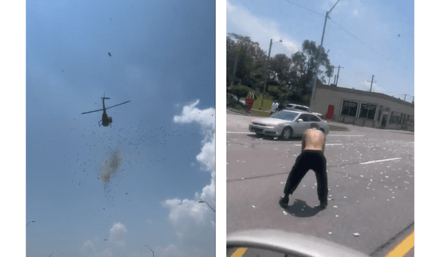  Helicóptero deja caer 5.000 dólares. Foto: Composición LR: Facebook/ Crystal Perry<br><br>    