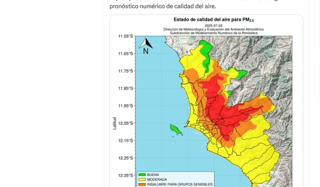  Senamhi pronostica condiciones insalubres en la calidad del aire este 3 de julio. Fuente: Captura de X/@Seamhiperu   
