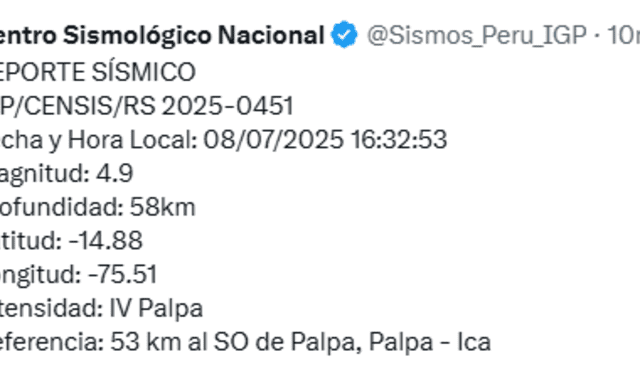 Sismo en Ica de 4.9 según IGP. Sismo en Ica de 4.9 según IGP.