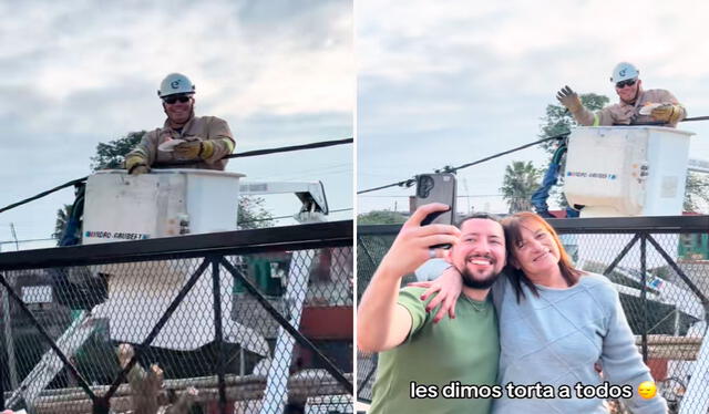La familia no dudó en entregarle un trozo de pastel al técnico electricista que reparaba cables de luz desde una grúa. Foto: composición LR/ TikTok / @jazzzvelardez La familia no dudó en entregarle un trozo de pastel al técnico electricista que reparaba cables de luz desde una grúa. Foto: composición LR/ TikTok / @jazzzvelardez