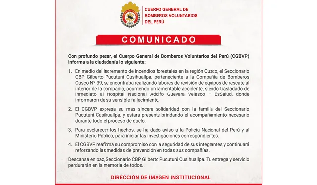 Cuerpo de Bomberos ofreció las condolencias a la familia de manera pública. Créditos: difusión.<br><br> Cuerpo de Bomberos ofreció las condolencias a la familia de manera pública. Créditos: difusión.<br><br>