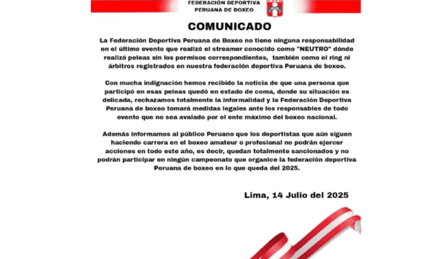La Federación expresó su indignación por lo sucedido con Daniel Díaz durante el evento del streamer Neutro. Foto: Federación Deportiva Peruana de Boxeo La Federación expresó su indignación por lo sucedido con Daniel Díaz durante el evento del streamer Neutro. Foto: Federación Deportiva Peruana de Boxeo