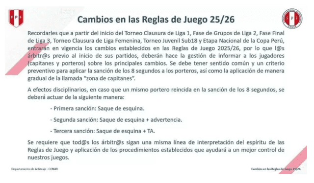 Comunicado para el cambio de reglas de juego 2025-2026. Foto: CONAR Comunicado para el cambio de reglas de juego 2025-2026. Foto: CONAR