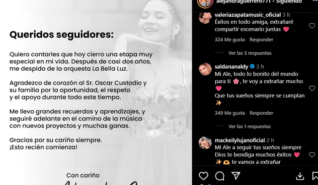 La cantante anuncia que seguirá su carrera musical. Sus compañeras de La Bella Luz le envían mensajes de apoyo y buenos deseos en este nuevo camino. Foto: Instagram La cantante anuncia que seguirá su carrera musical. Sus compañeras de La Bella Luz le envían mensajes de apoyo y buenos deseos en este nuevo camino. Foto: Instagram