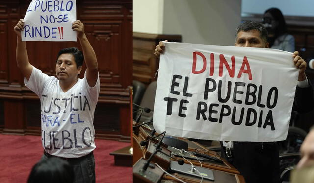  Congresistas levantaron carteles de rechazo contra Dina Boluarte en medio del discurso. Foto: John Reyes / La República   